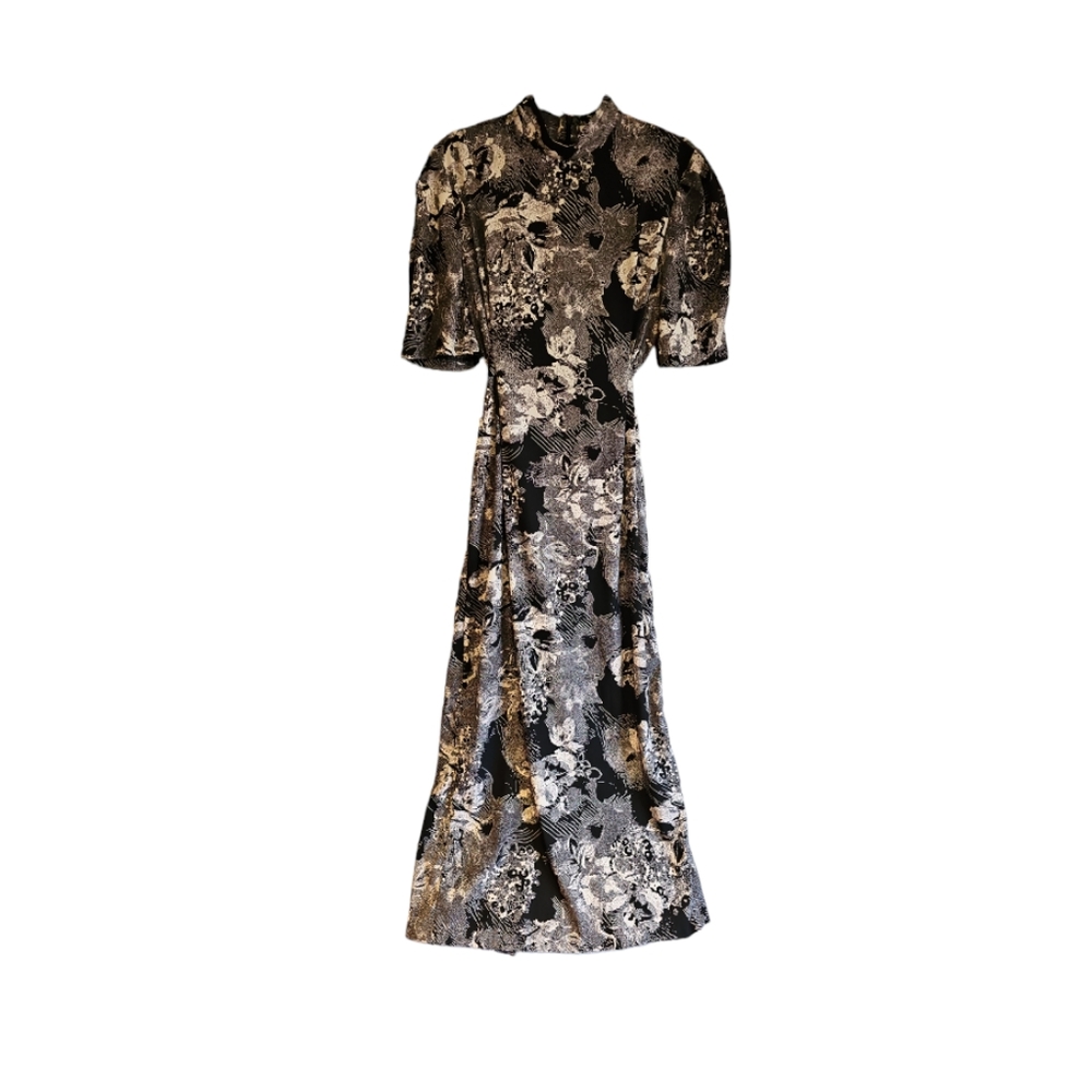 OAK FORT Printed Maxi Back Tie Puff Shoulder Mock-Neck Dress Size M
